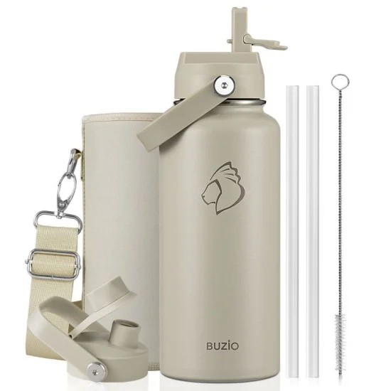 Buzio Duet Series Water Bottle with 2 Lids and Sleeve 1L - Beige